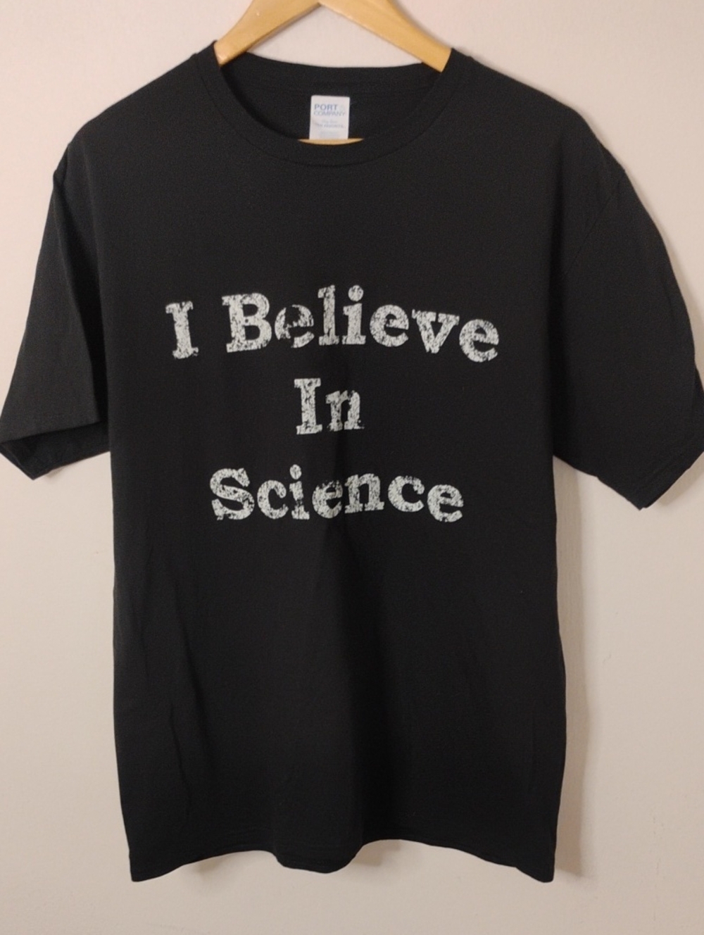 Port and Company Black Tee with White "I Believe In Science" Graphic